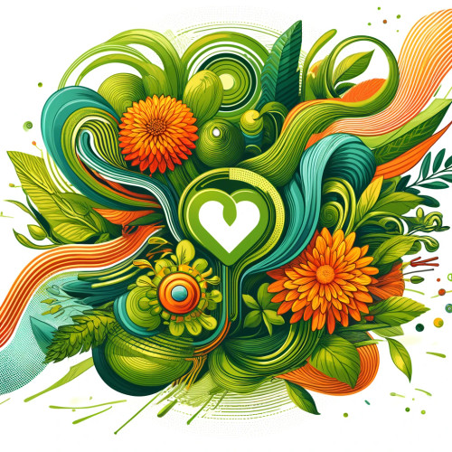 Graphic from bottle label: Various green swirls coming out from a stylized heart with Orange chrysanthemums and other stylized flowers.